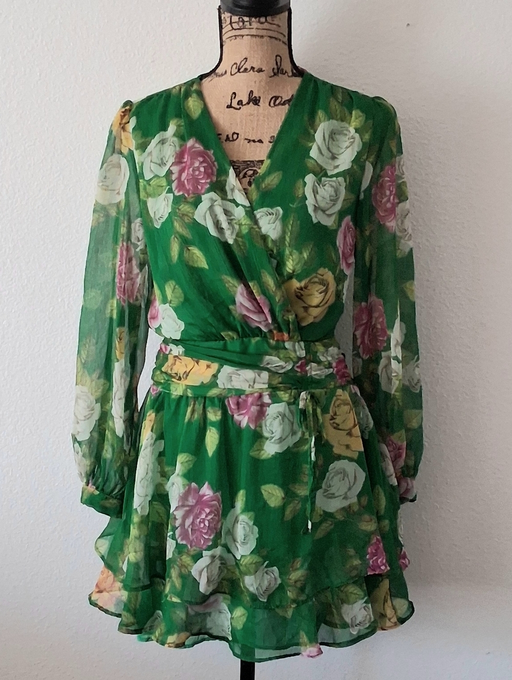 Zara Green Rose Print Mini Ruffled Dress Size S - Picture 2 of 6